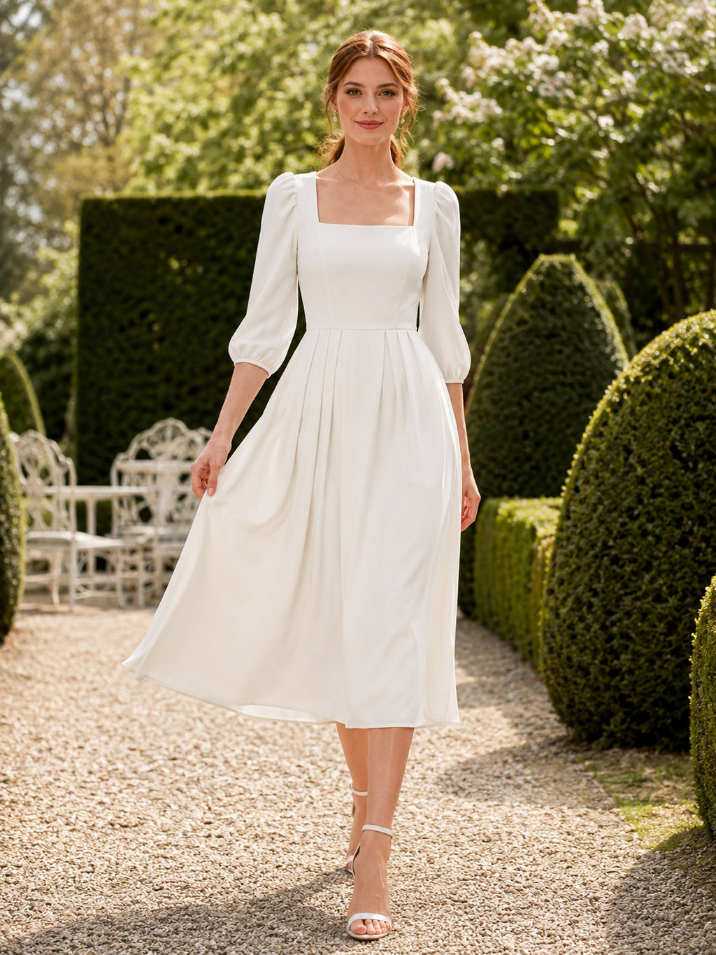 Ivory Square Neck Long Sleeve A Line Garden Guest Dress front view