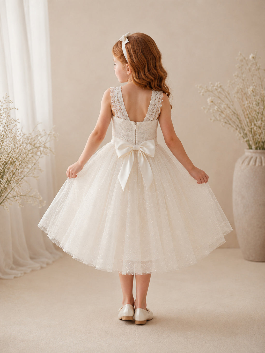 Ivory Tulle A-Line Flower Girl Dress with Sleeveless, jewel Neckline, and Tea length Skirt with Soft Pleating back view