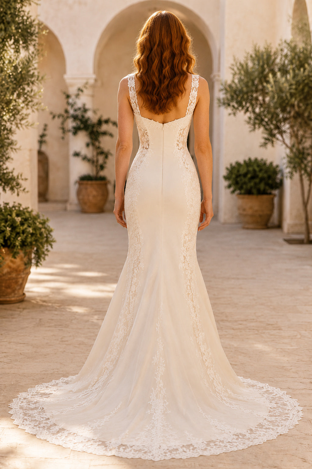Ivory Square Neck Mermaid Wedding Dress with Straps and Lace Hem Train back view