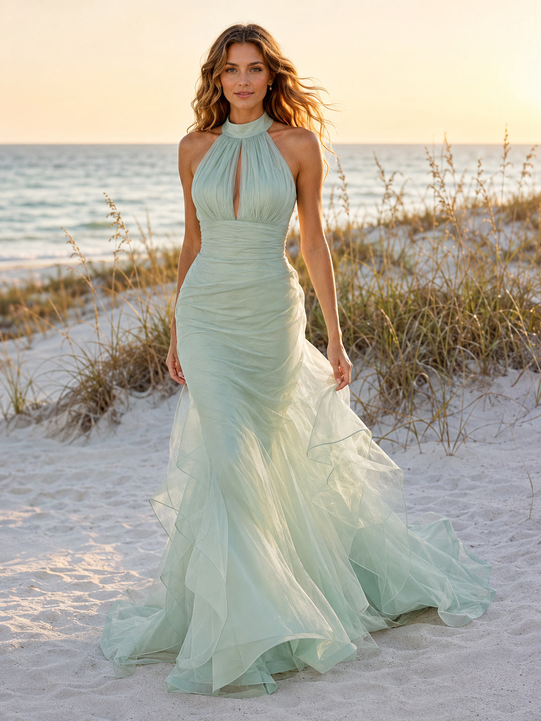 Mint Green Halter Keyhole Organza Mermaid Sweep Train Wedding Dress front view