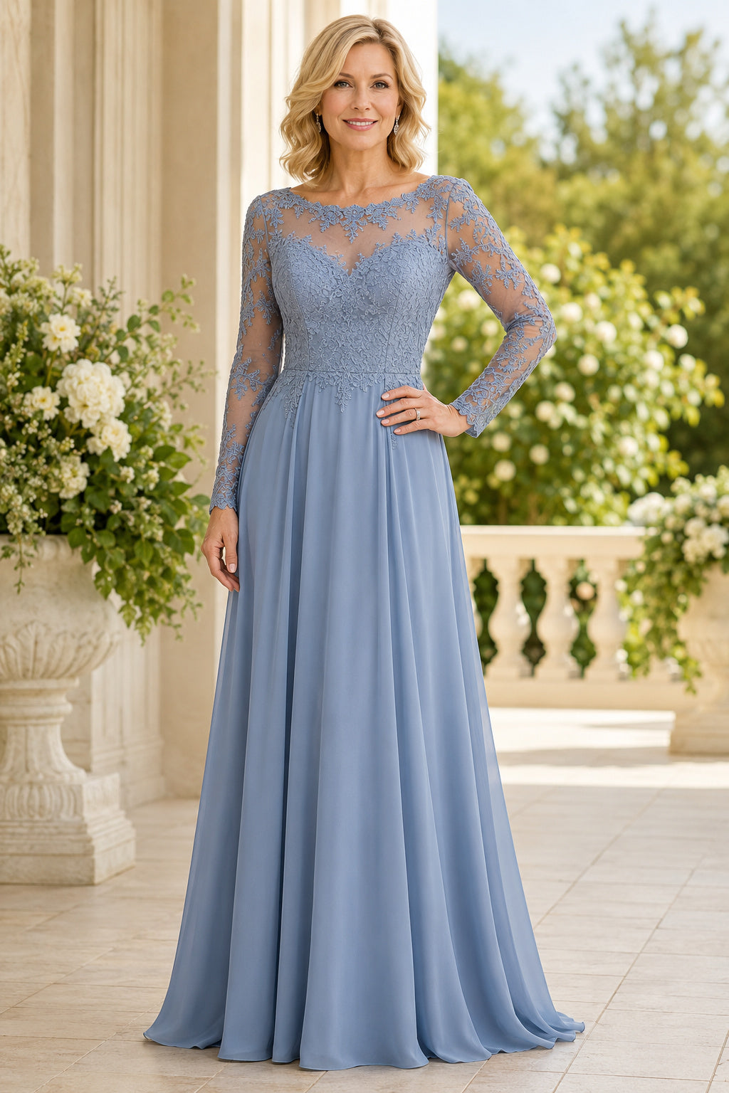 Steel Blue Bateau A-Line Mother Dress with Illusion Long Sleeves and Chiffon Skirt Style MG_300474 front view