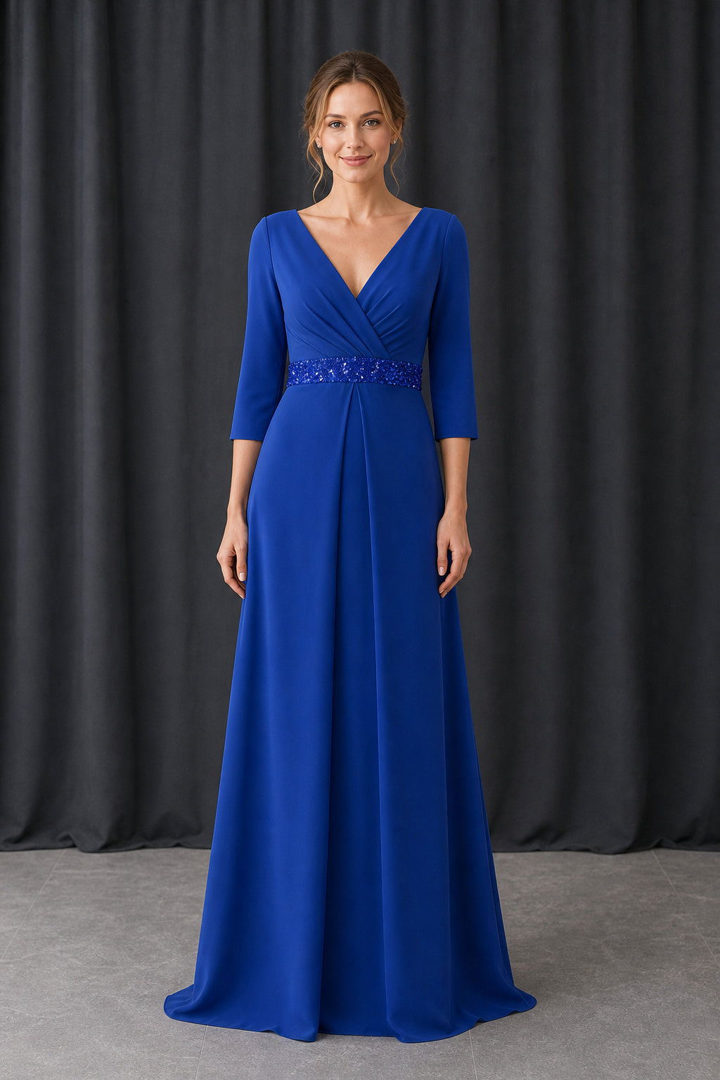 Royal Blue V-neck Three-Quarter Sleeve A-Line Chiffon Floor-Length Dress With Beaded Waist