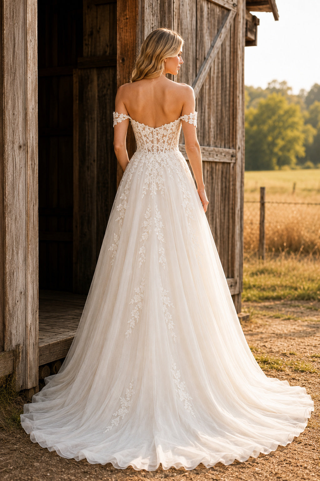 Ivory Off-the-Shoulder Lace A-Line Wedding Dress with Short Sleeves and Applique Train back view