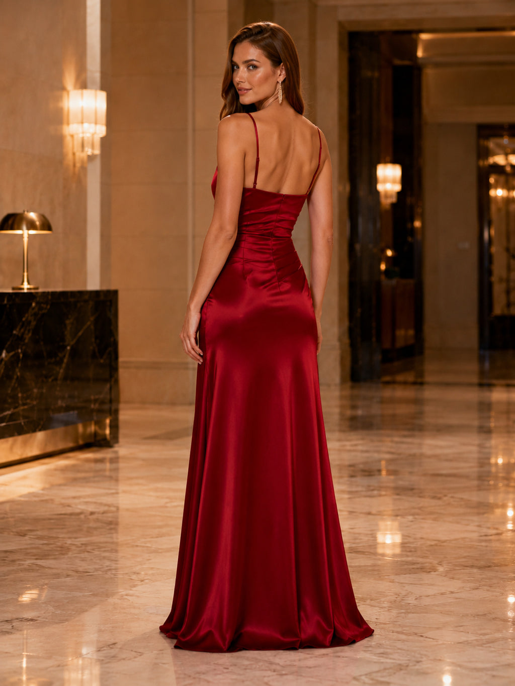 Red Cowl Neck Satin Spaghetti Slit Gown back view