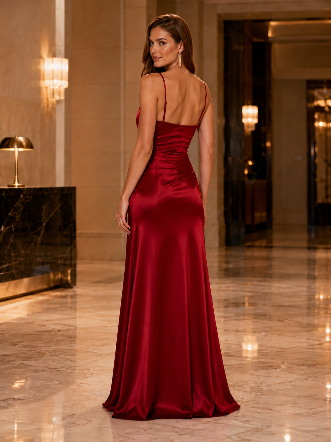Red Cowl Neck Satin Spaghetti Slit Gown back view