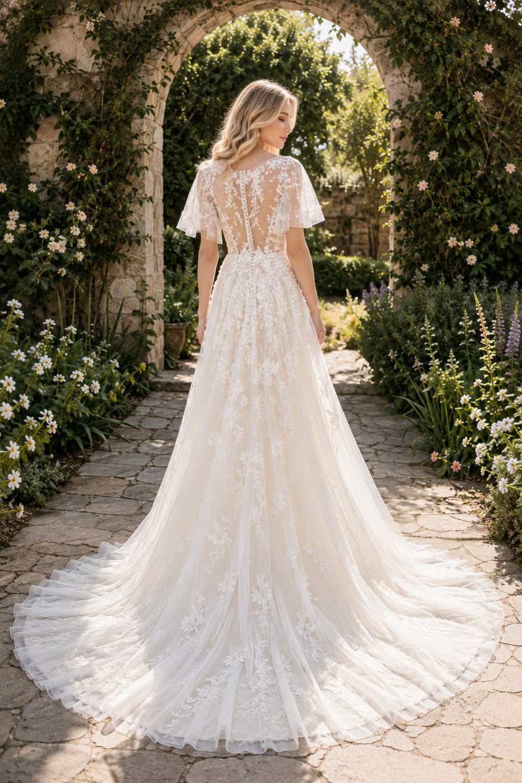 Ivory Short Sleeve Lace A-Line Wedding Dress with Illusion Back and Train back view