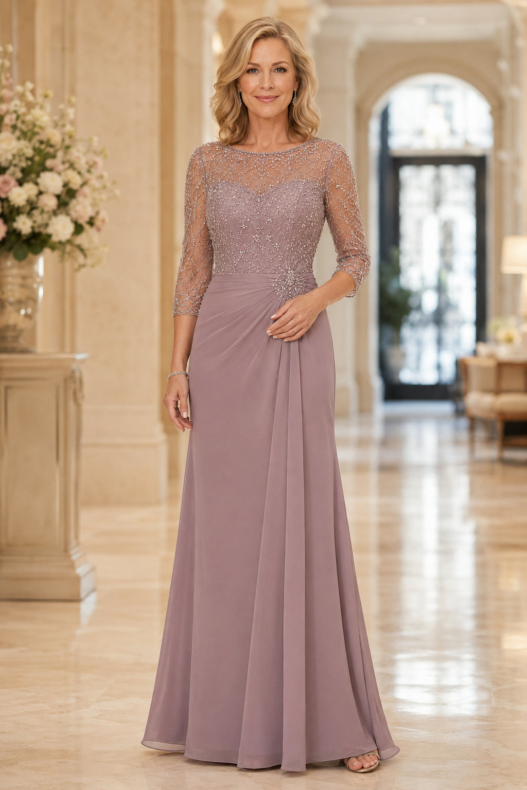 Vintage Mauve Bateau Mother Dress with Illusion Lace Bodice and Chiffon Skirt for Evening Reception front view