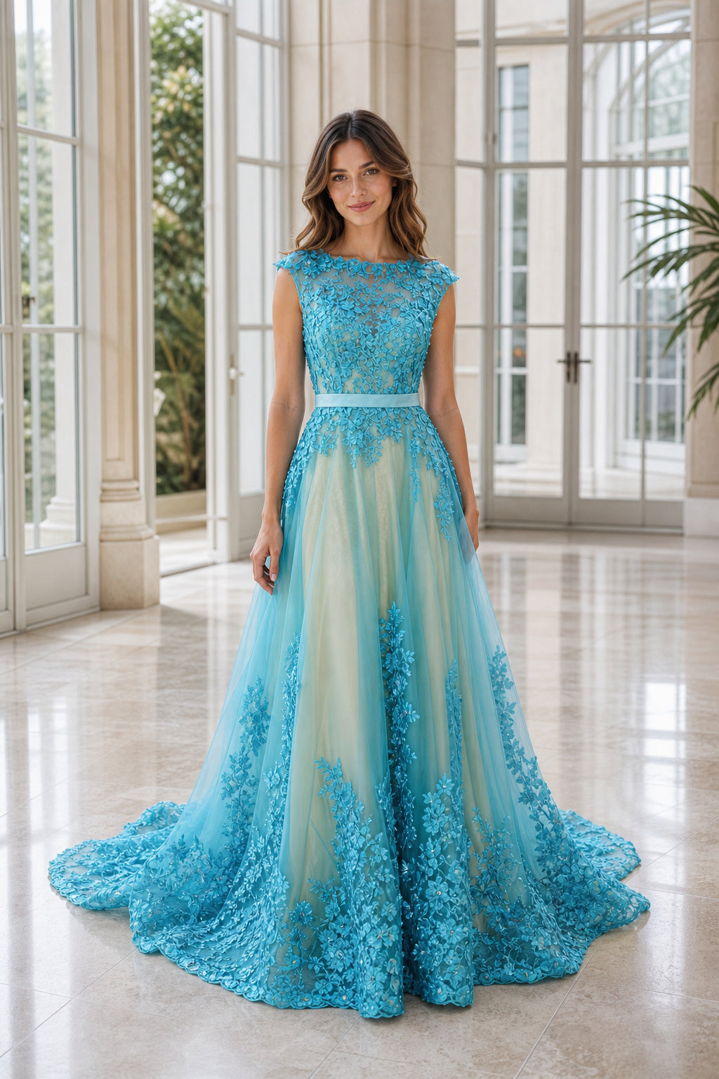 Turquoise Bateau Cap Sleeves A-Line Tulle, Lace Floor-length Formal Dress With Lace and Train