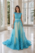 Turquoise Bateau Cap Sleeves A-Line Tulle, Lace Floor-length Formal Dress With Lace and Train