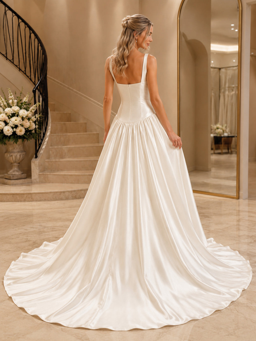 Square Neck Drop Waist Satin Chapel Bridal Gown back view