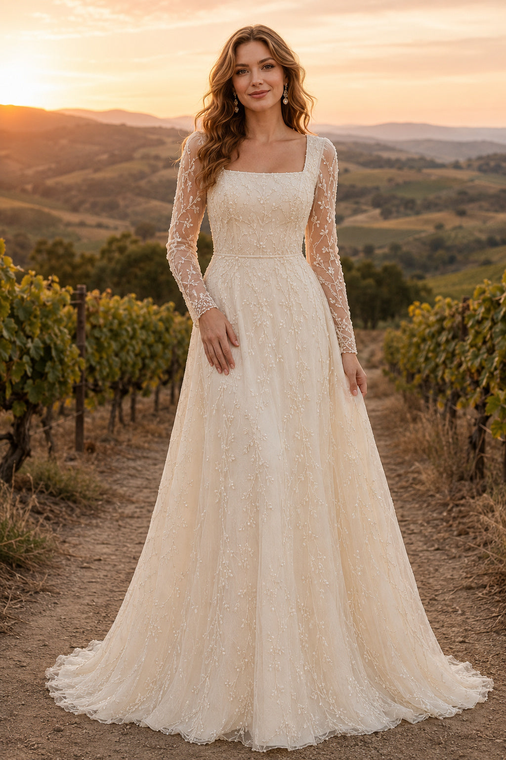 Ivory Simple Square Neck A-Line Soft Tulle Wedding Dress with Long Lace Sleeves and Sweep Train front view