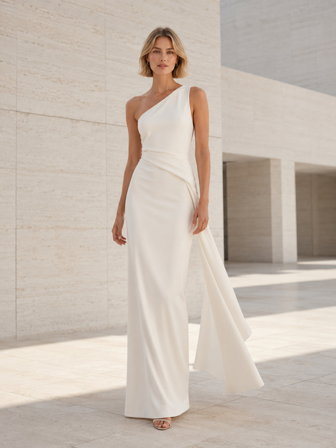 Asymmetric One Shoulder Minimalist Architecture Sheath Elopement Gown front view