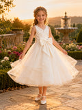 Flower Girl Dress Ivory Tulle Satin A-Line V-Neck Tea Length Bow Back front view