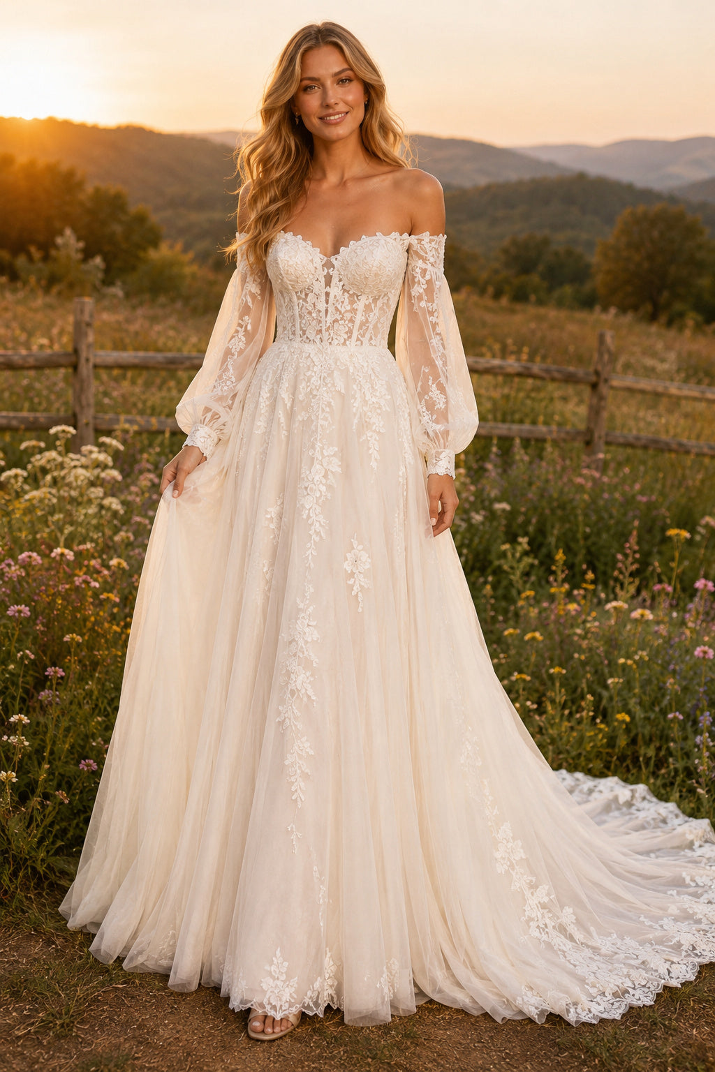 Off the Shoulder Bell Sleeve A-Line Wedding Dress with Lace Bodice and Sweep Train front view