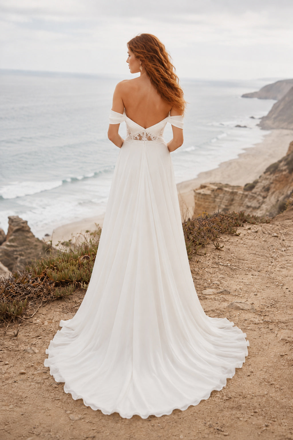 Ivory Off Shoulder Draped Chiffon A-Line Wedding Dress Split Front for Bridal Ceremony and Reception back view
