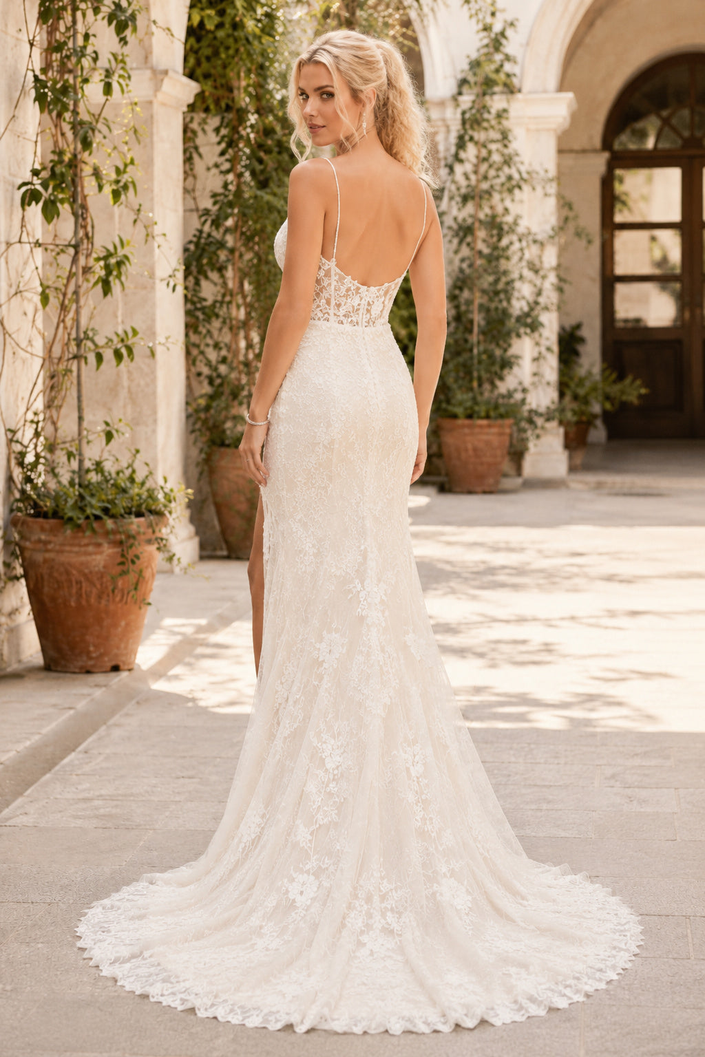 Ivory Spaghetti Lace Mermaid Wedding Dress Split Sweep Train for Wedding Ceremony and Reception back view