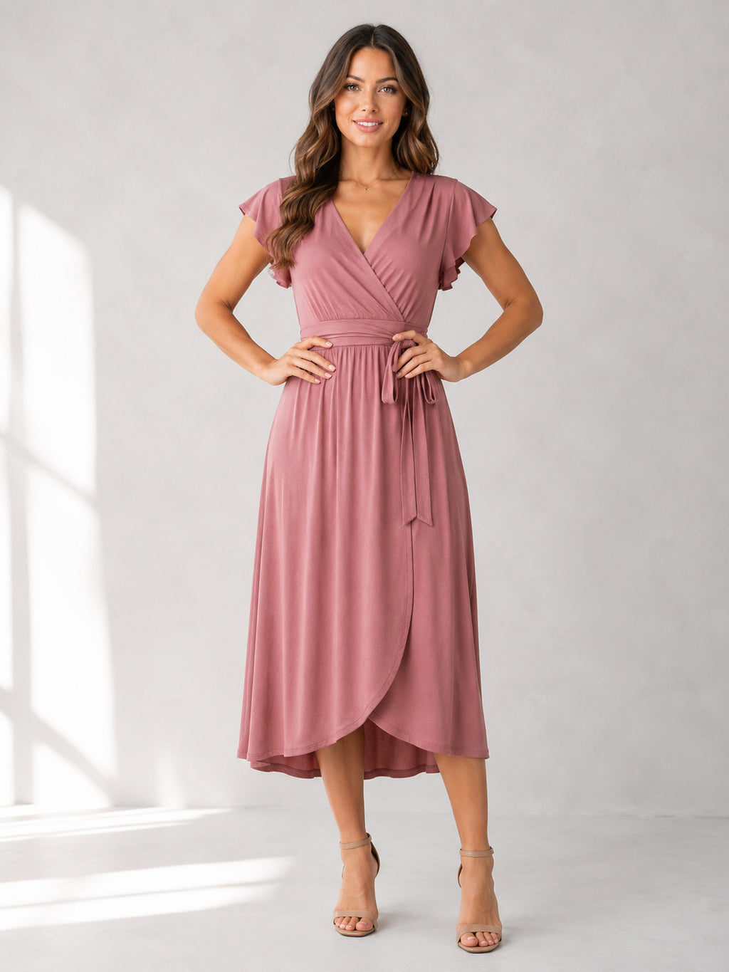 Dusty rose V-neck wrap maternity midi guest dress front view