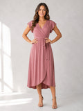 Dusty rose V-neck wrap maternity midi guest dress front view