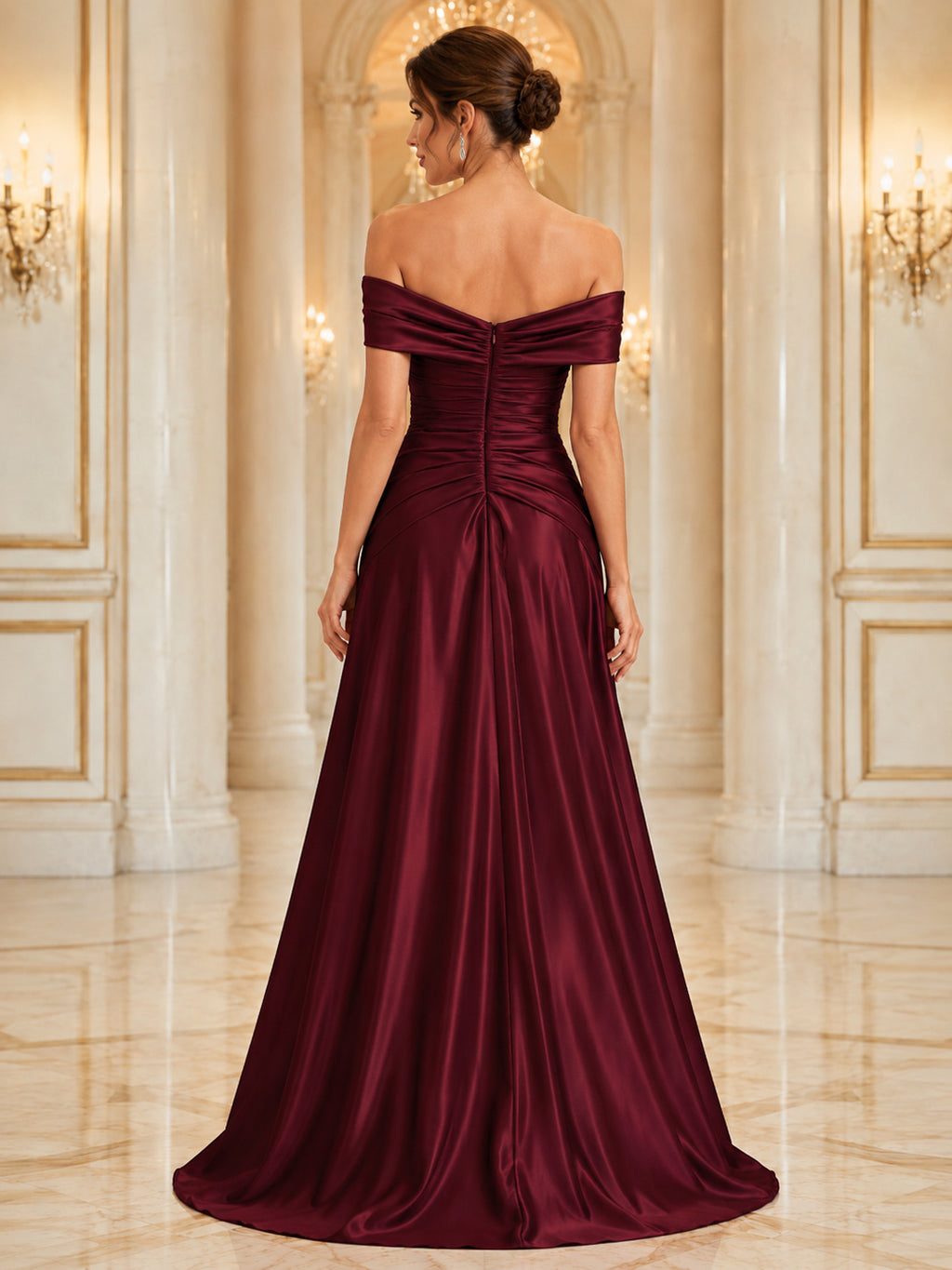Evening Gala Formal Burgundy Romantic Elegant A-Line Satin Bridesmaid Dress with Off Shoulder Sweetheart Sleeveless Floor-Len