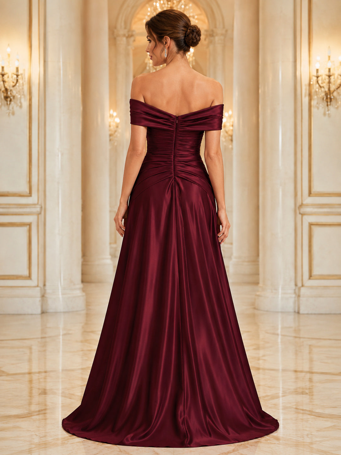 Evening Gala Formal Burgundy Romantic Elegant A-Line Satin Bridesmaid Dress with Off Shoulder Sweetheart Sleeveless Floor-Len