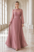 Dusty Rose Jewel Neck Chiffon A-Line Bridesmaid Dress with Long Poet Sleeves and Pleated Skirt front view