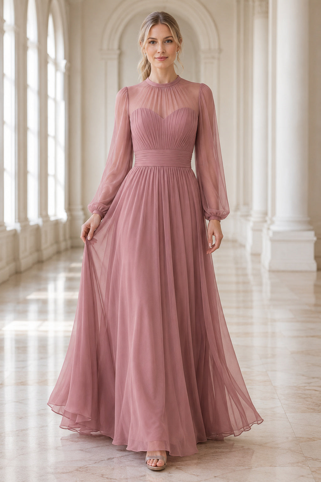 Dusty Rose Jewel Neck Chiffon A-Line Bridesmaid Dress with Long Poet Sleeves and Pleated Skirt front view