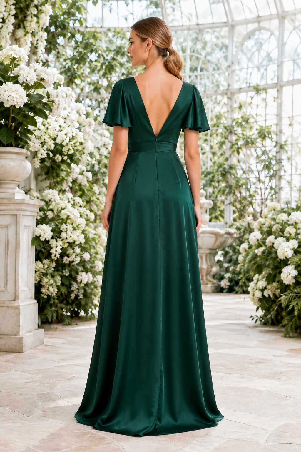 Dark Green V-Neck Satin A-Line Bridesmaid Dress with Short Sleeves and Simple Floor Skirt back view
