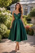 Emerald Sweetheart Tea-Length Satin A-Line Dress