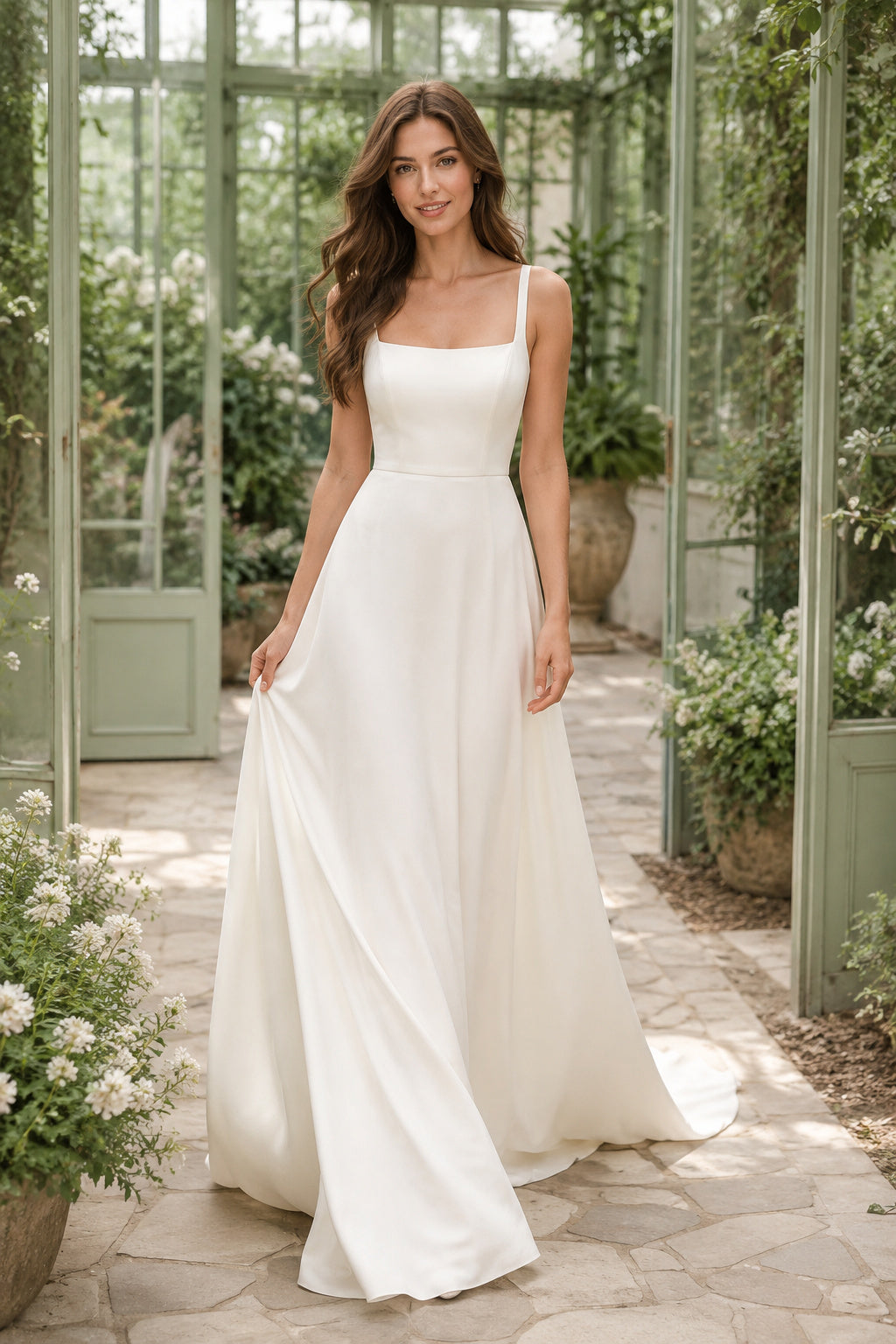 White Square Neck Chiffon A-Line Wedding Dress with Wide Straps and Low Back front view