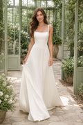 White Square Neck Chiffon A-Line Wedding Dress with Wide Straps and Low Back front view