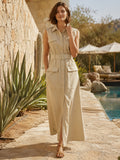 Light khaki sleeveless utility pocket safari shirt dress front view