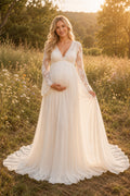 Ivory Long Sleeve Lace Maternity A-Line Wedding Dress with Chapel Train front view