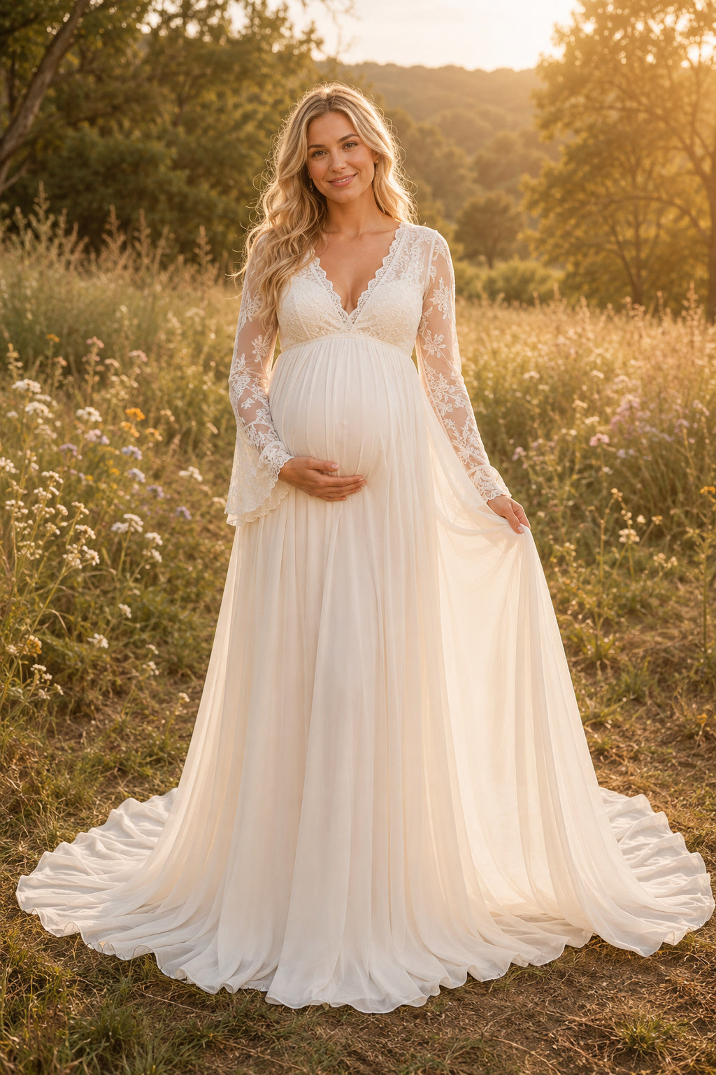 Ivory Long Sleeve Lace Maternity A-Line Wedding Dress with Chapel Train front view