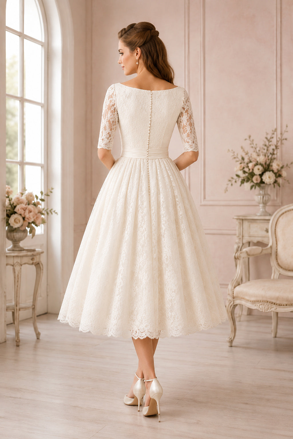 Ivory Bateau Neck Three-Quarter Sleeve Satin Lace Tea-Length Wedding Dress with Three-Quarter Lace Sleeves and Satin Skirt ba