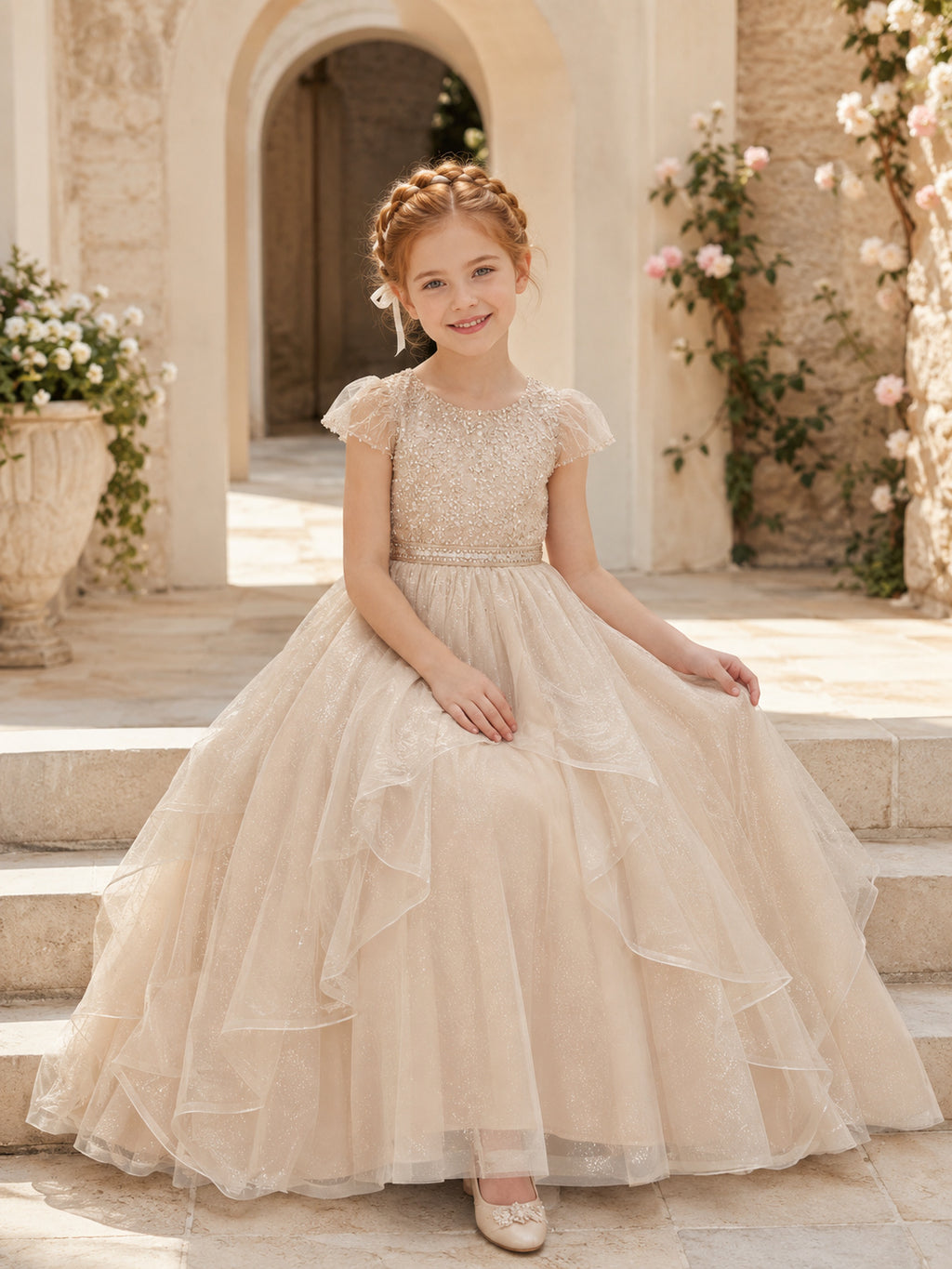 Champagne Flower Girl A-Line Tulle Sequined Jewel Neck Petal Sleeve Layered Ruffle Floor-Length Dress front view