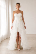 White Sweetheart A-Line Tulle High-low Dress With Tiered Skirt and Ruffles