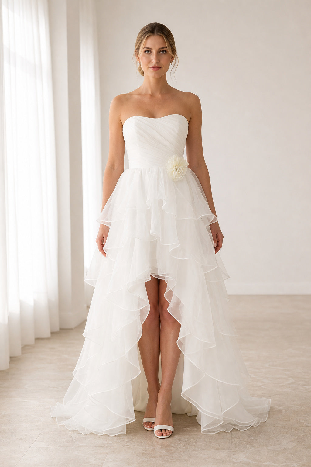 White Sweetheart A-Line Tulle High-low Dress With Tiered Skirt and Ruffles