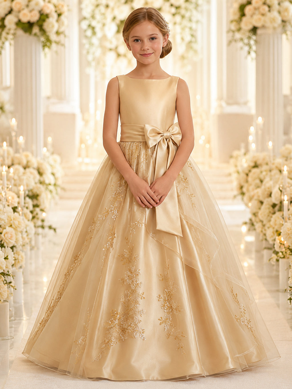 A-Line Champagne Satin Flower Girl Dress Jewel Neckline Floor-length and A Satin Sash And Bow Accent front view
