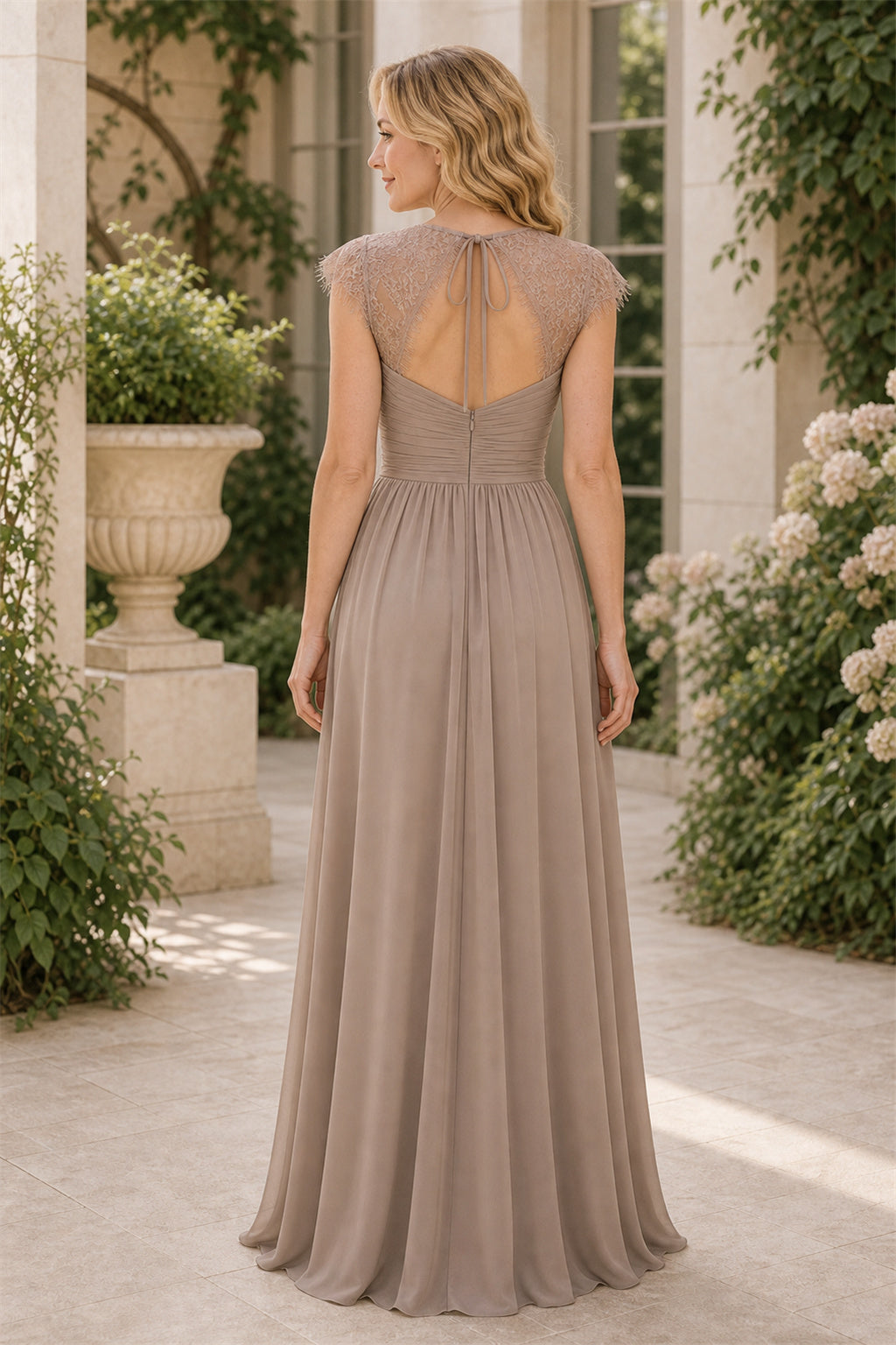V-neck Cap Sleeve A-Line Chiffon Floor-Length Dress With Keyhole Back