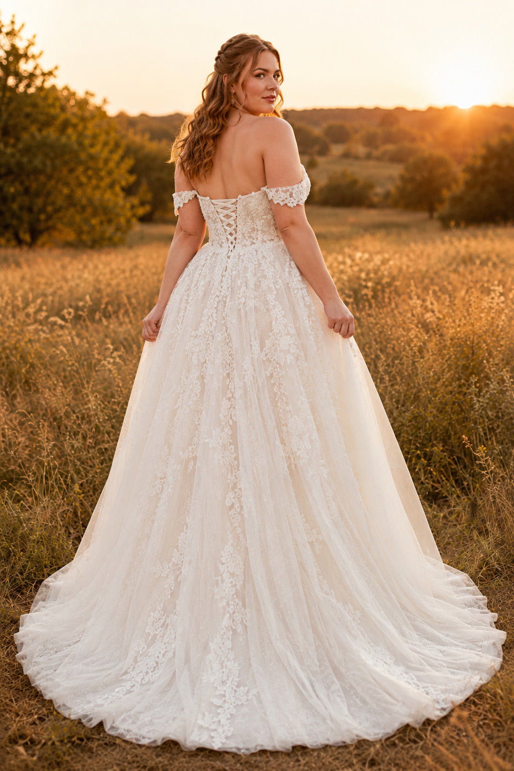 Ivory Plus Size Off-the-Shoulder Lace A-Line Wedding Dress with Applique Bodice and Train back view