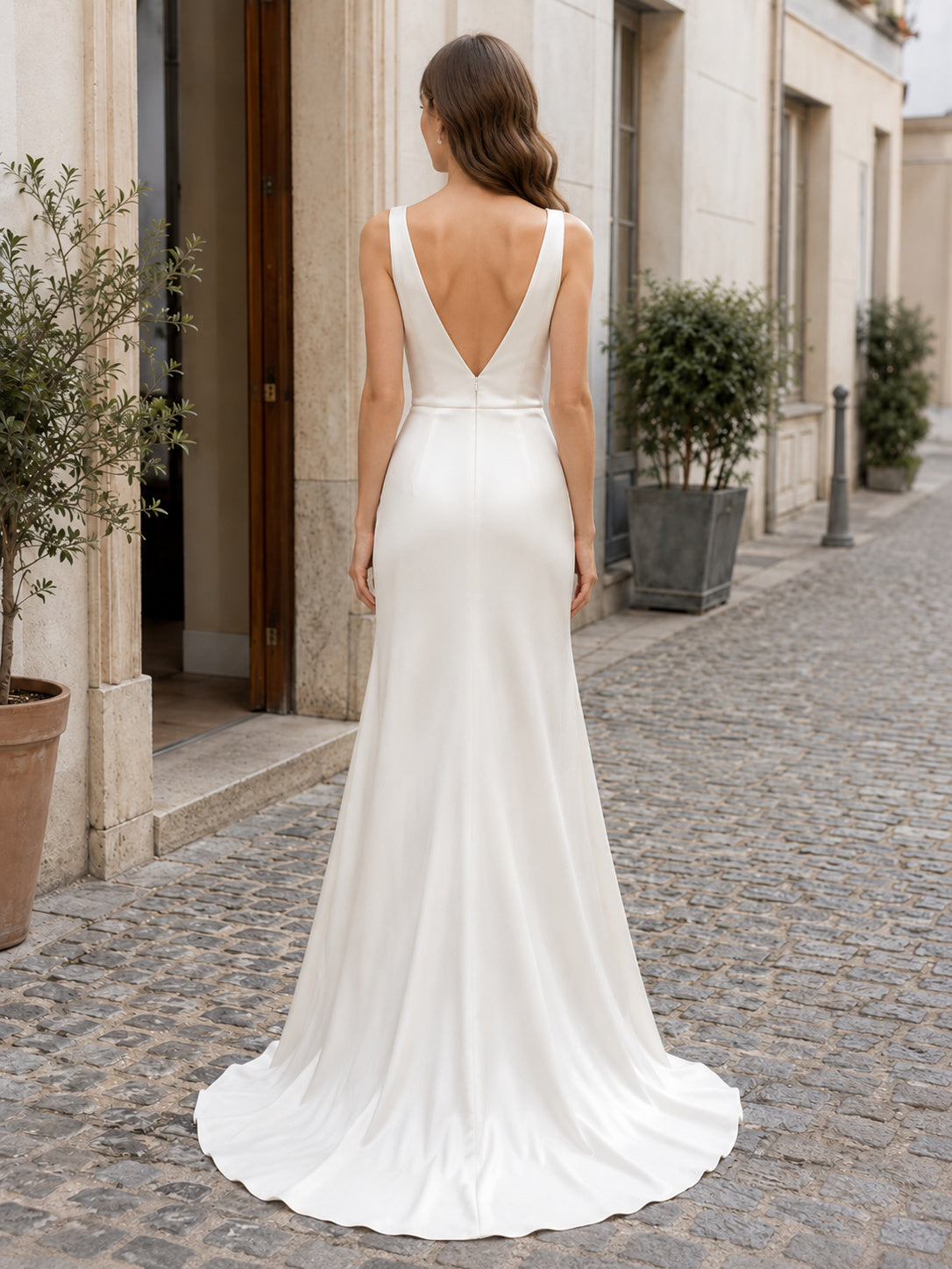 V Neck Strap Satin Sheath Minimalist Civil Bridal Gown back view