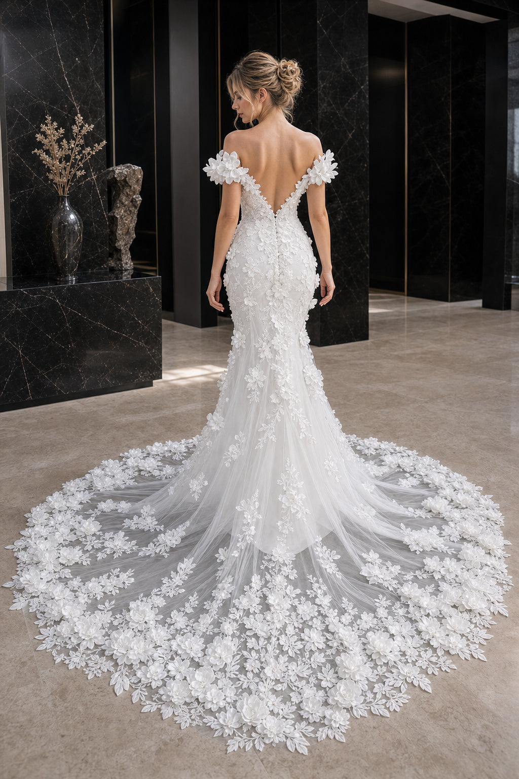 White Off-the-shoulder Flutter Sleeves A-Line Crepe Floor-length Wedding Dress With Layered Skirt and Beaded Bodice and Open Back