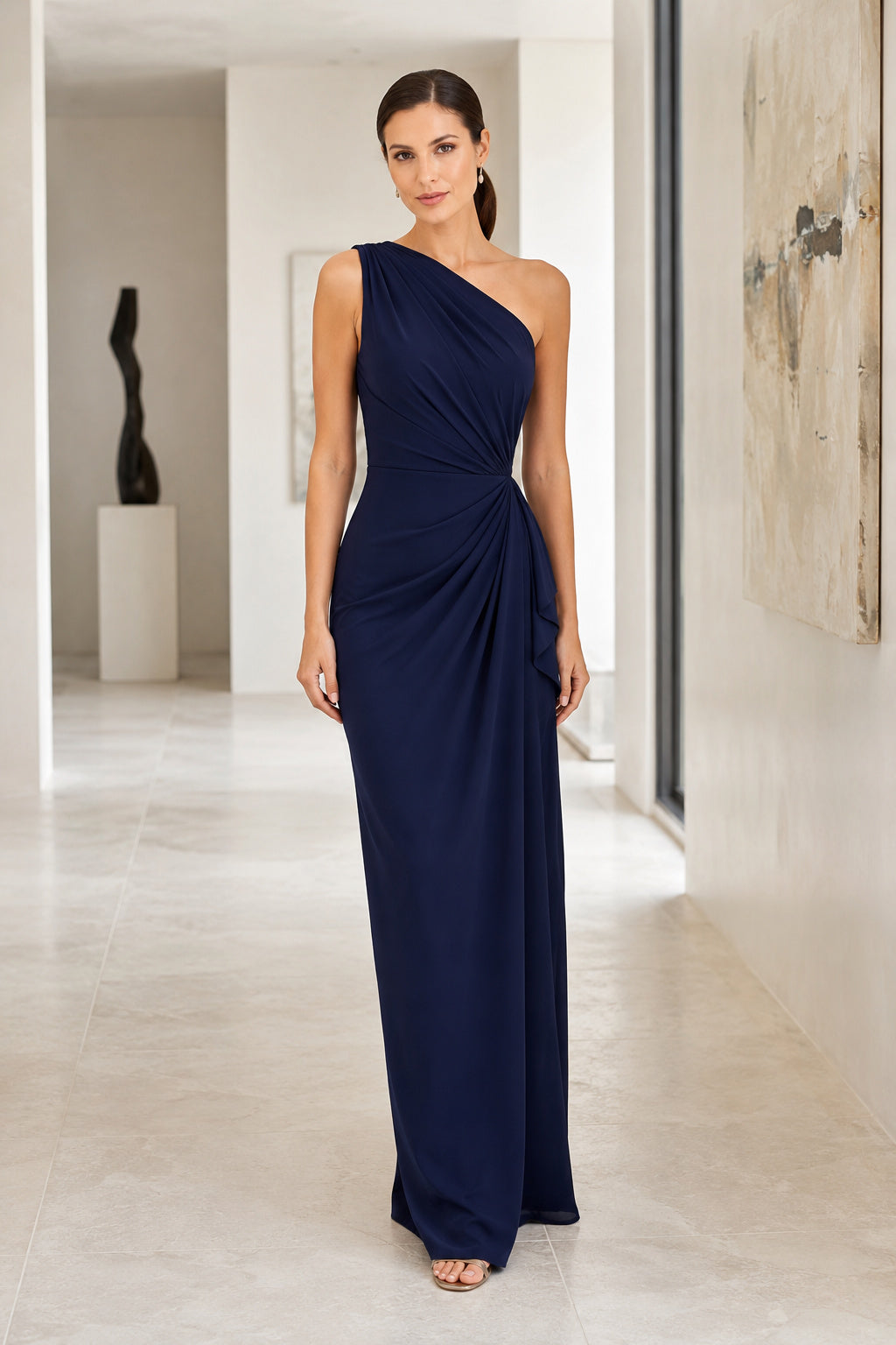 Dark Navy One-Shoulder Sheath Bridesmaid Dress with Draped Waist and Floor-Length Skirt front view