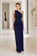 Dark Navy One-Shoulder Sheath Bridesmaid Dress with Draped Waist and Floor-Length Skirt front view