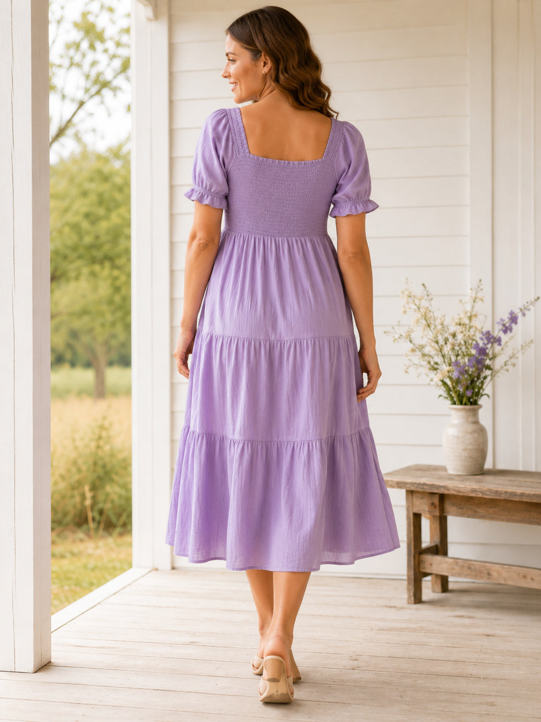 Lilac Maternity Square Neck Puff Sleeve Tiered Tea Length Casual Dress back view