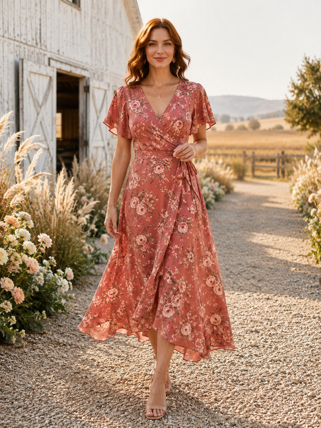Ranch Papaya Floral V-Neck Chiffon A-Line Tea-Length Short Sleeve Wrap Dress front view
