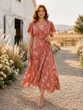Ranch Papaya Floral V-Neck Chiffon A-Line Tea-Length Short Sleeve Wrap Dress front view