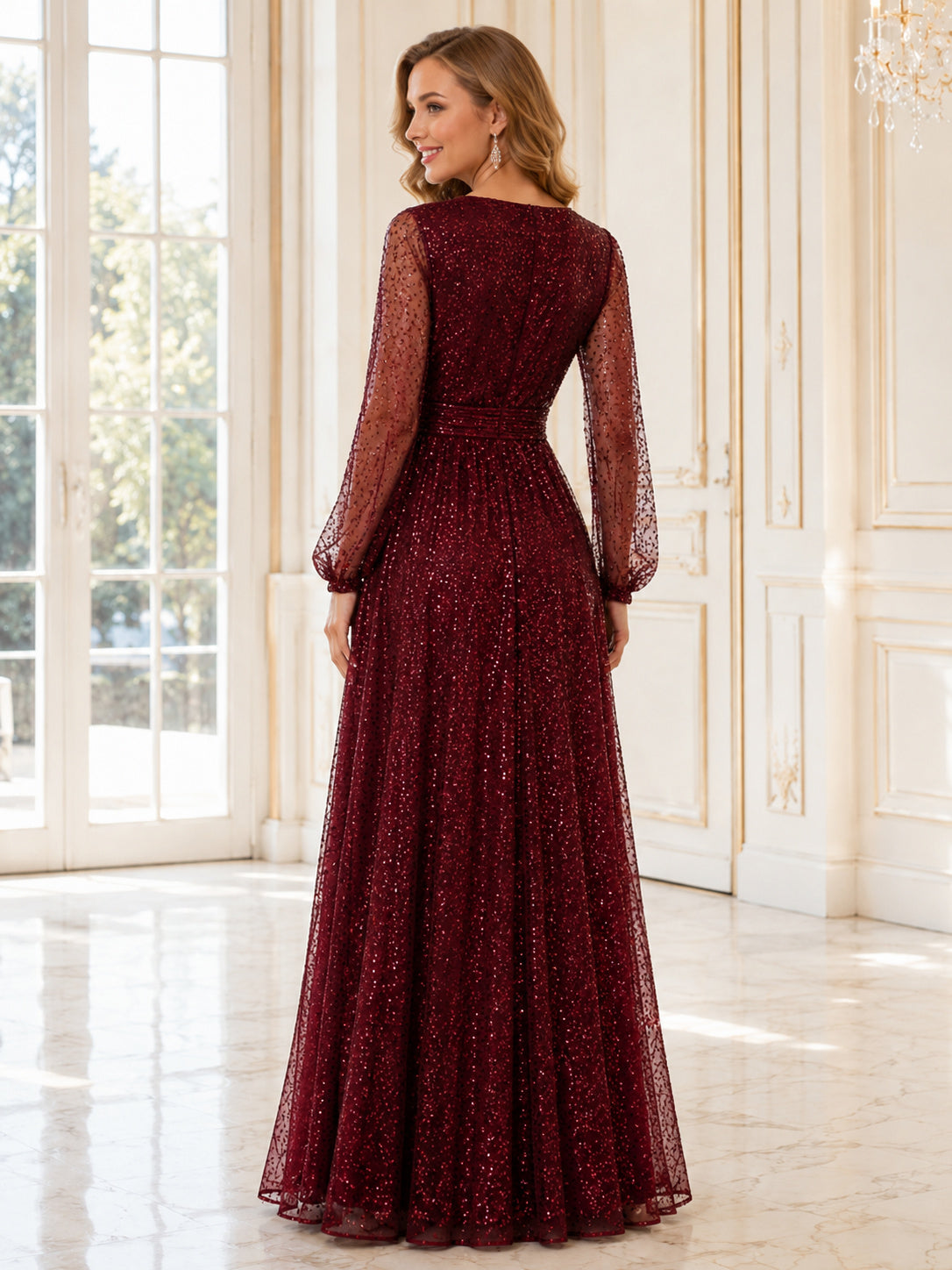 Regal Burgundy Sequin Formal A Line Floor Length V Neck Long Sleeve Gown back view