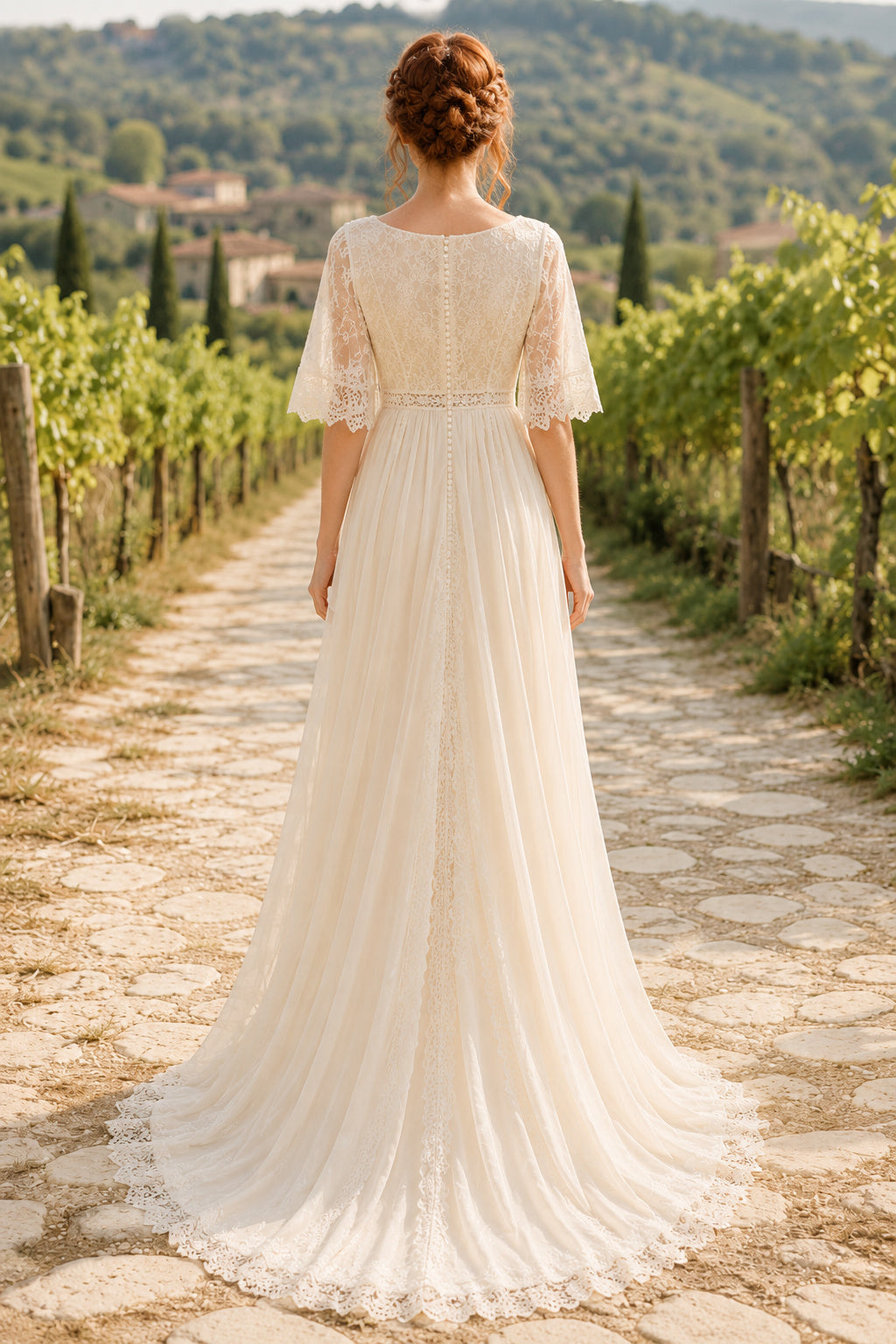 Ivory Simple Bateau Neck A-Line Chiffon Lace Wedding Dress with Short Lace Sleeves and Sweep Train back view