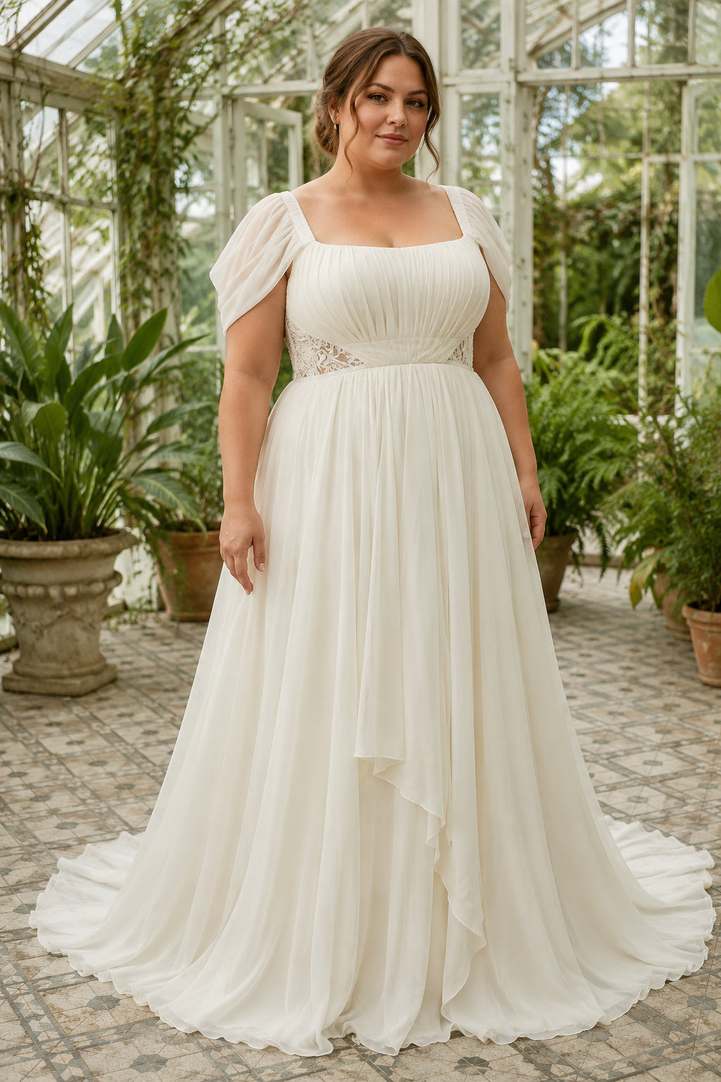 Plus Size Ivory Square Neck Flutter Sleeve Lace Tulle A-Line Wedding Dress with Square Bodice and Flowing Chiffon Skirt front